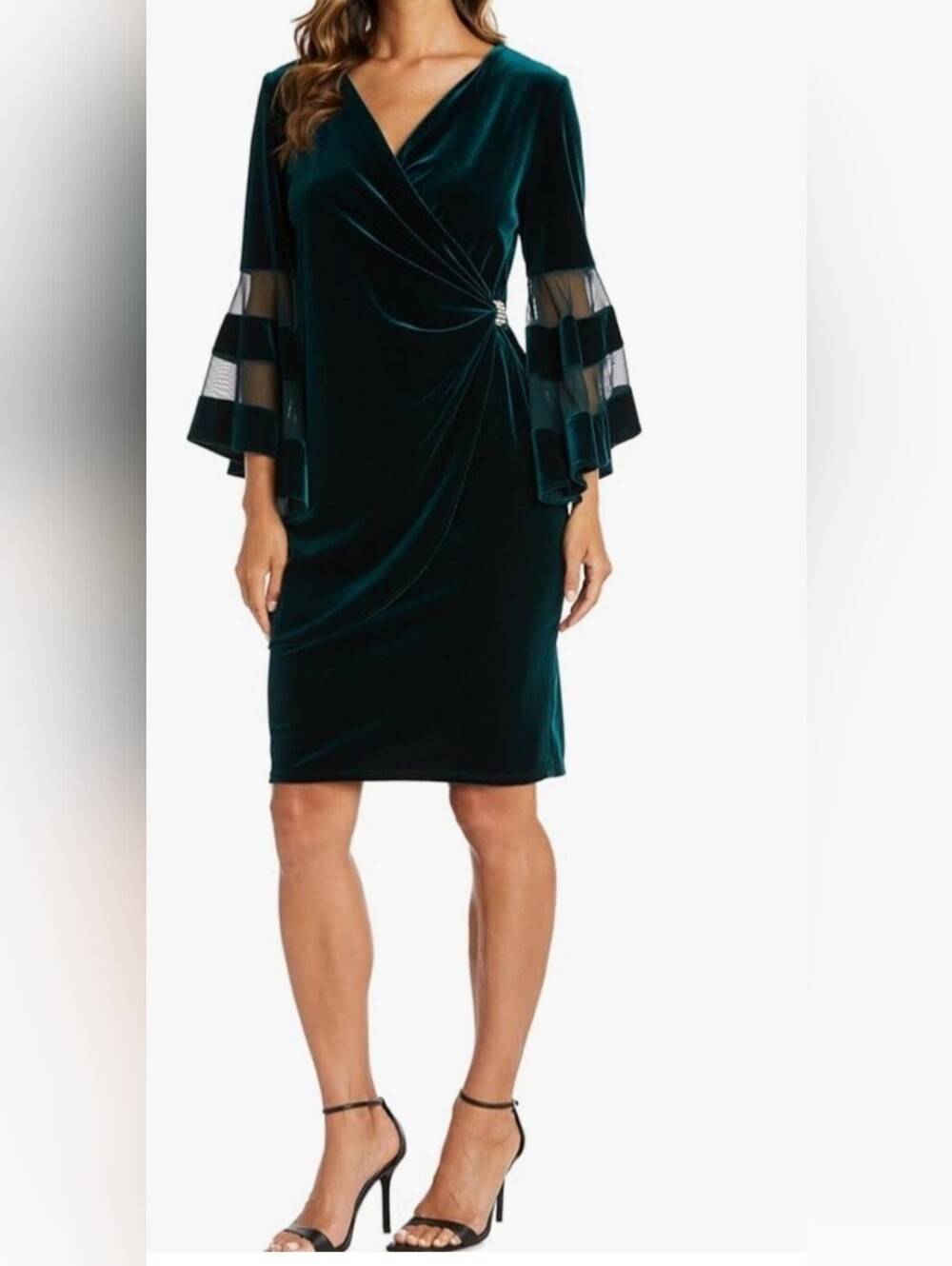 R&M Richards Concepts Dark Green Velvet Midi Dress with Rhinestone Accent